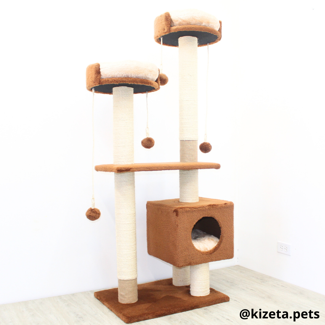 RASCADOR GYM PARA GATO MODELO MÓNACO EXTRAGRANDE 3 CAMAS + 6 TORRES COLOR CAFÉ (60x45x156CM)