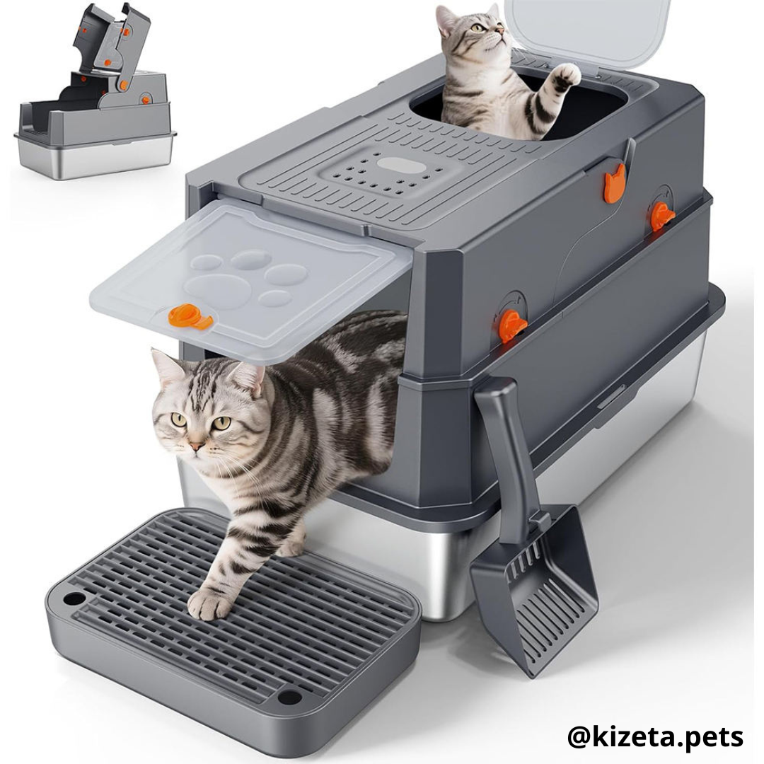 ARENERO DE ACERO INOXIDABLE XL EXTRA GRANDE 37L TOTALMENTE CERRADO PARA GATOS CON DOS ENTRADAS + ALFOMBRILLA + PALA (38X58X40CM)