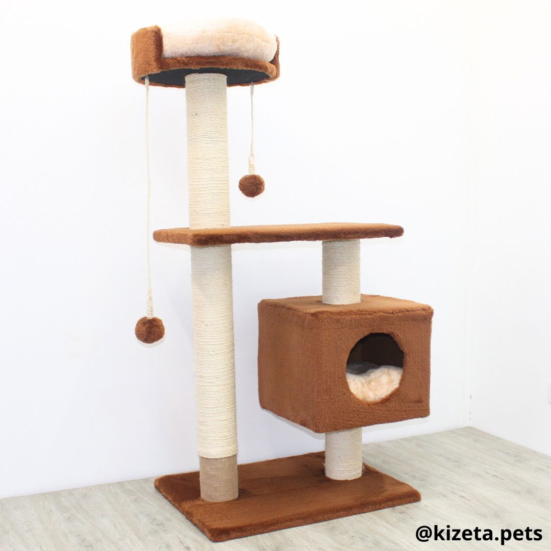 RASCADOR GYM PARA GATO MODELO EDIFICIO 2DA GENERACIÓN CON DOS CAMAS COLOR CAFÉ (60x45x124CM)