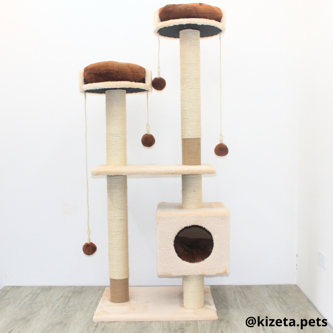 RASCADOR GYM PARA GATO MODELO MÓNACO EXTRAGRANDE 3 CAMAS + 6 TORRES COLOR BEIGE (60x45x156CM)