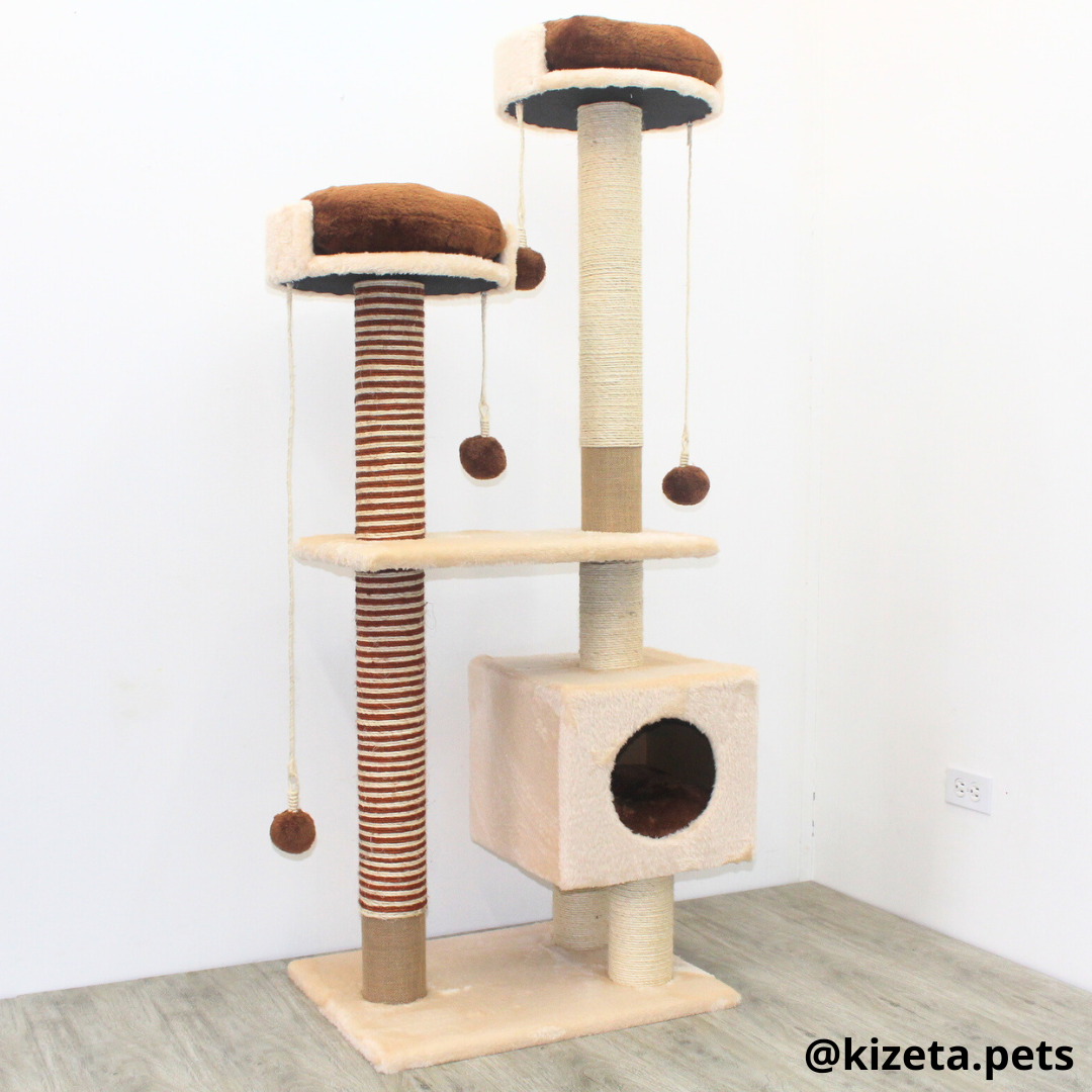 RASCADOR GYM PARA GATO MODELO MÓNACO EXTRAGRANDE 3 CAMAS + 6 TORRES COLOR BEIGE (60x45x156CM)