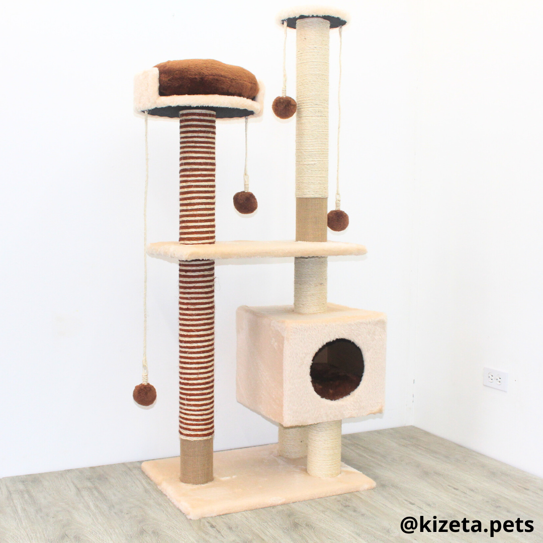 RASCADOR GYM PARA GATO MODELO VENECIA EXTRAGRANDE 2 CAMAS + 6 TORRES COLOR BEIGE (60x45x146CM)