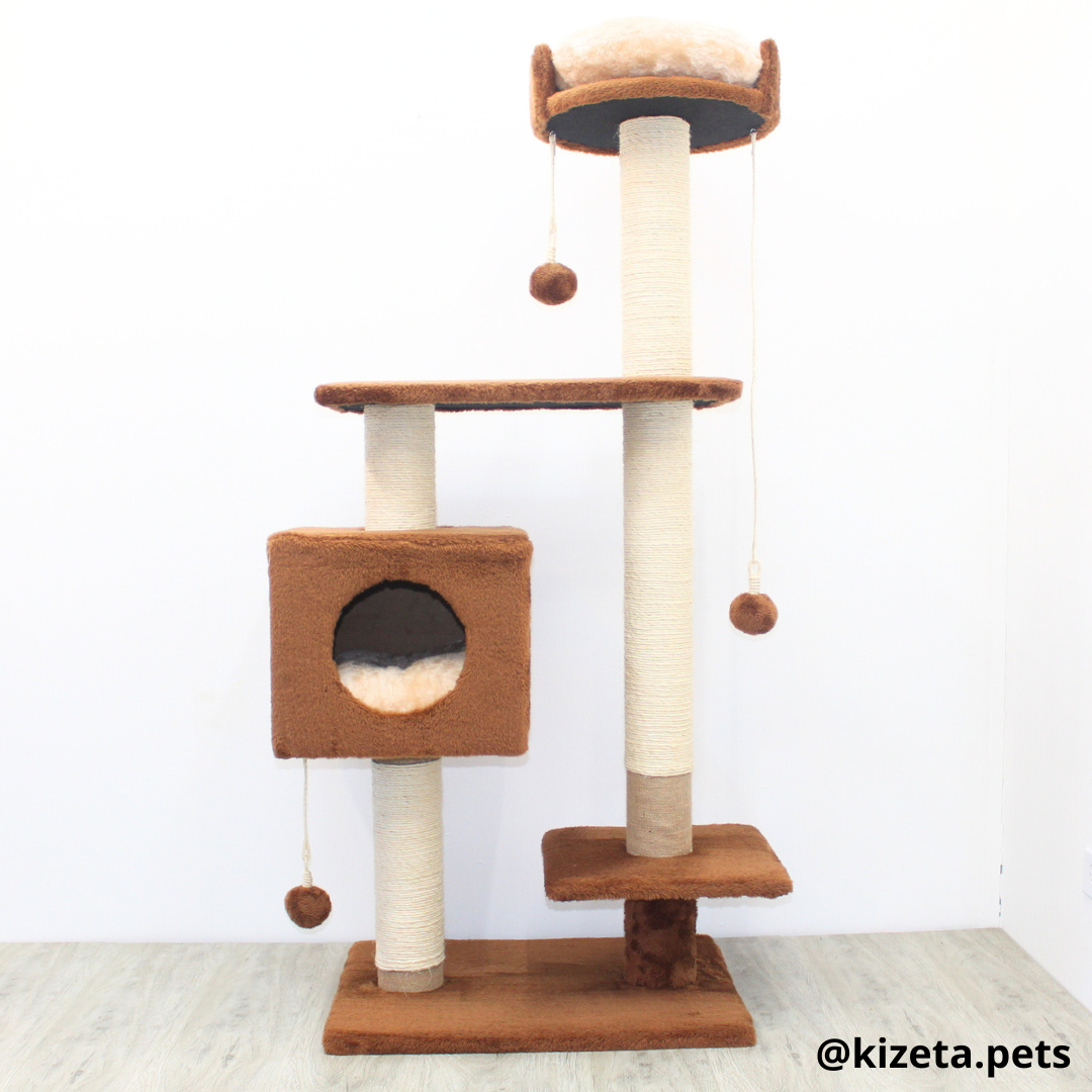 RASCADOR GYM PARA GATO MODELO CHICAGO 2DA GENERACIÓN 2 CAMAS + 5 TORRES COLOR CAFÉ (60x45x145CM)