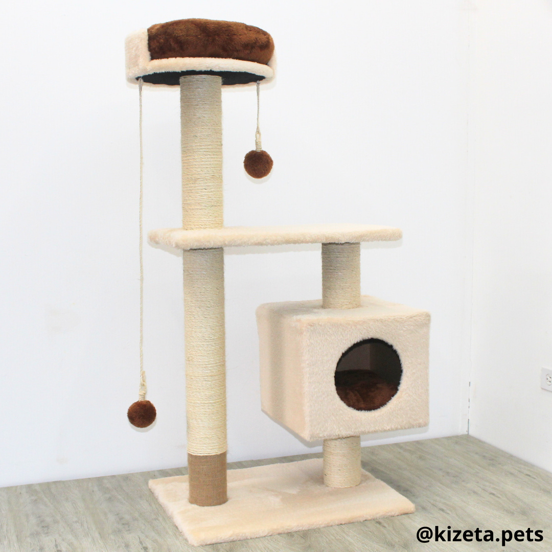 RASCADOR GYM PARA GATO MODELO EDIFICIO 2DA GENERACIÓN CON DOS CAMAS COLOR BEIGE (60x45x124CM)