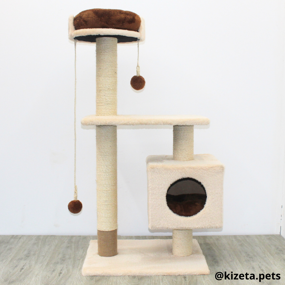RASCADOR GYM PARA GATO MODELO EDIFICIO 2DA GENERACIÓN CON DOS CAMAS COLOR BEIGE (60x45x124CM)