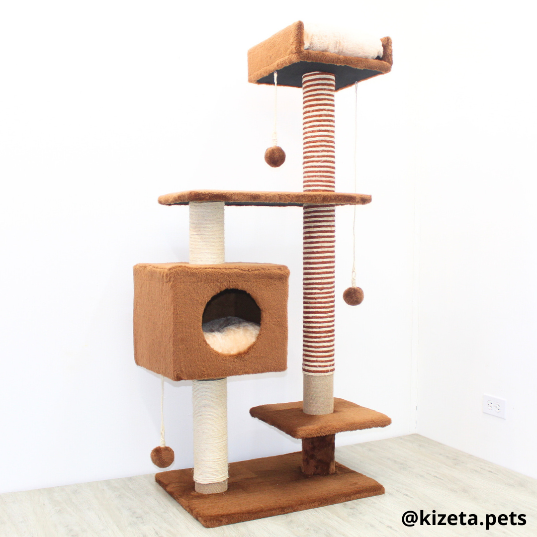 RASCADOR GYM PARA GATO MODELO CHICAGO 2DA GENERACIÓN 2 CAMAS + 5 TORRES COLOR CAFÉ (60x45x145CM)