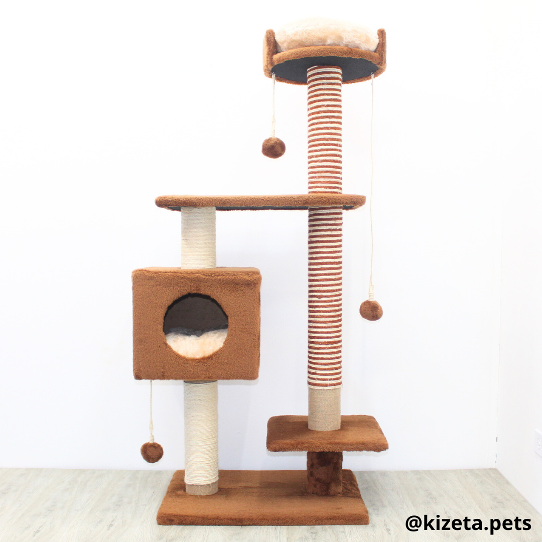 RASCADOR GYM PARA GATO MODELO CHICAGO 2DA GENERACIÓN 2 CAMAS + 5 TORRES COLOR CAFÉ (60x45x145CM)