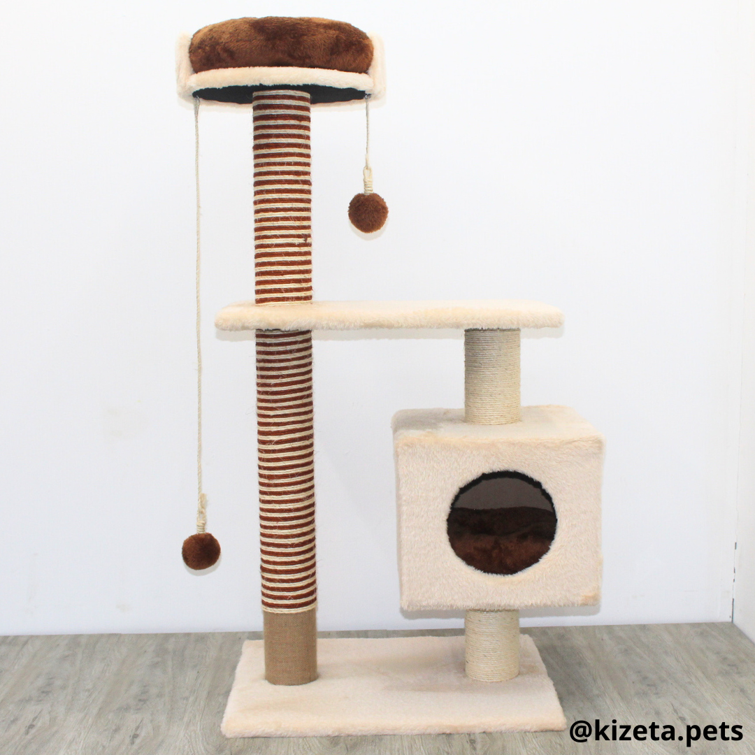 RASCADOR GYM PARA GATO MODELO EDIFICIO 2DA GENERACIÓN CON DOS CAMAS COLOR BEIGE (60x45x124CM)