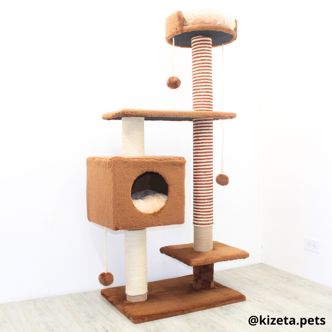 RASCADOR GYM PARA GATO MODELO CHICAGO 2DA GENERACIÓN 2 CAMAS + 5 TORRES COLOR CAFÉ (60x45x145CM)