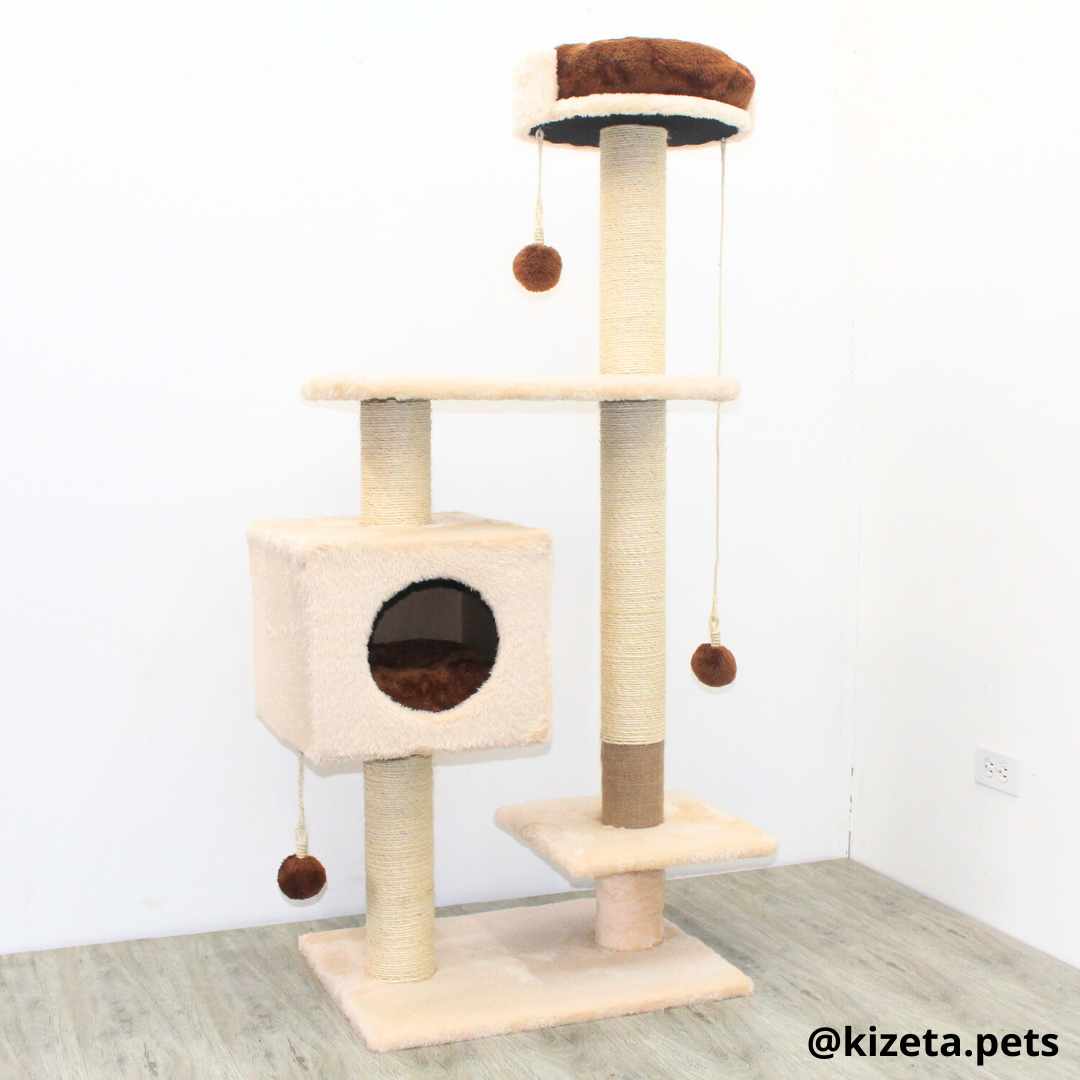 RASCADOR GYM PARA GATO MODELO CHICAGO 2DA GENERACIÓN 2 CAMAS + 5 TORRES COLOR BEIGE (60x45x145CM)