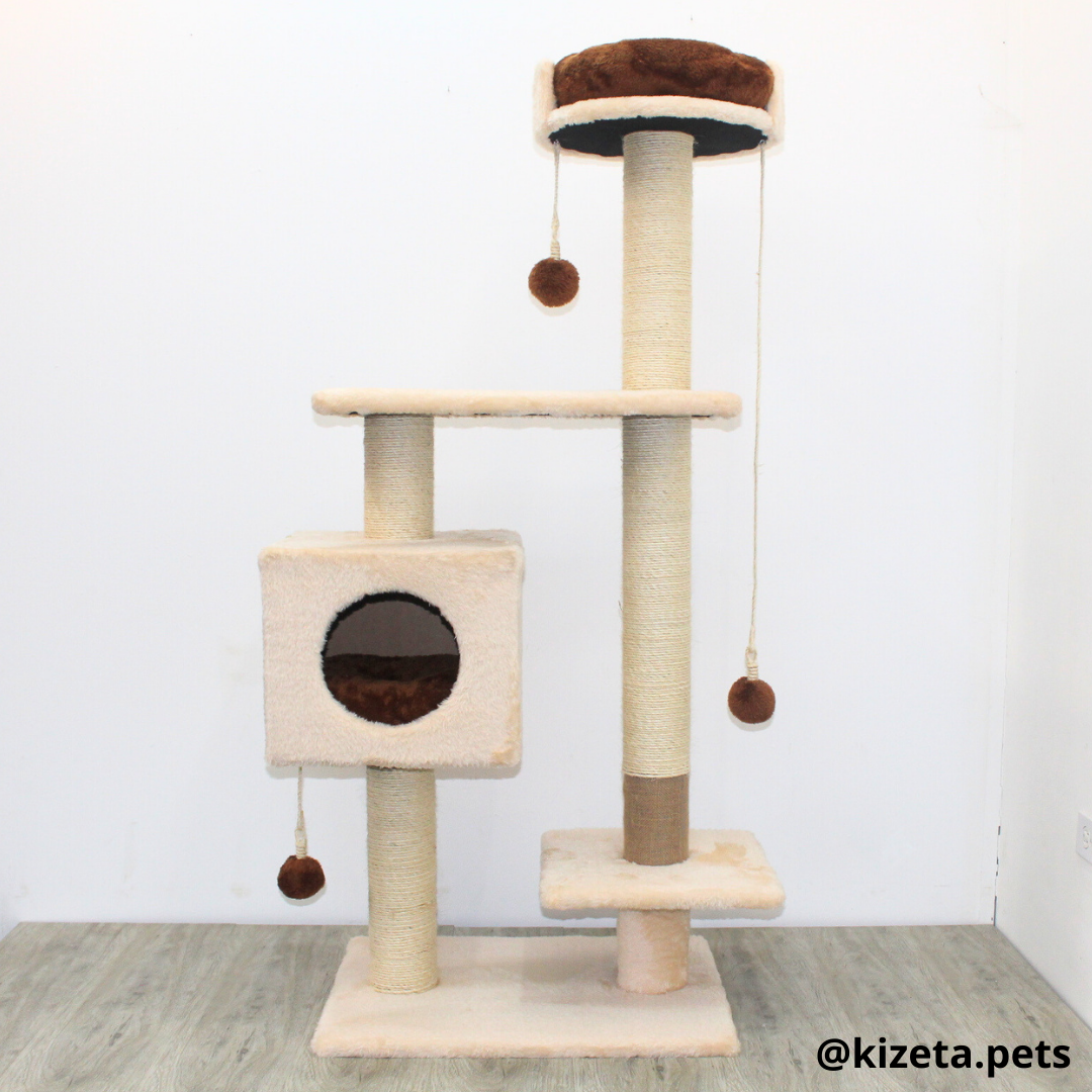 RASCADOR GYM PARA GATO MODELO CHICAGO 2DA GENERACIÓN 2 CAMAS + 5 TORRES COLOR BEIGE (60x45x145CM)