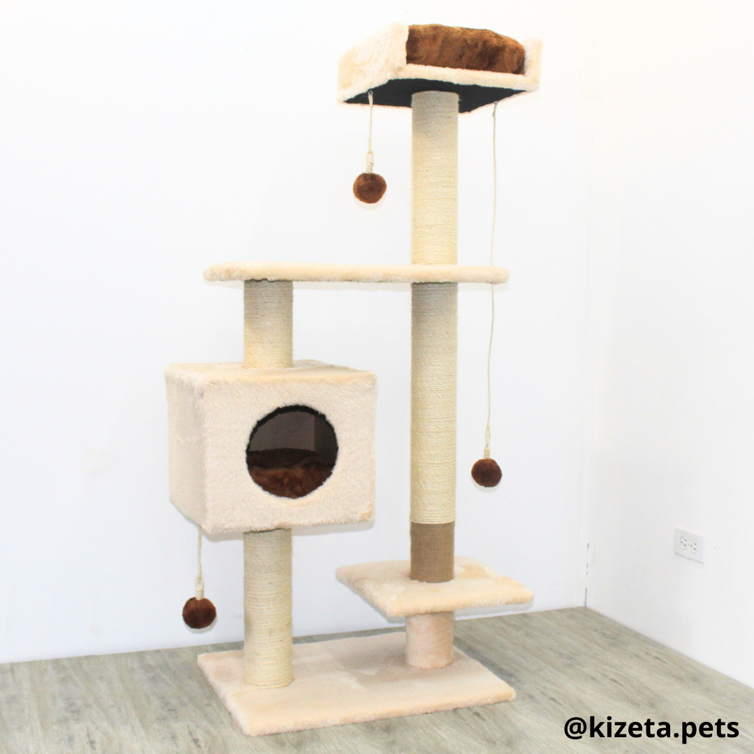 RASCADOR GYM PARA GATO MODELO CHICAGO 2DA GENERACIÓN 2 CAMAS + 5 TORRES COLOR BEIGE (60x45x145CM)