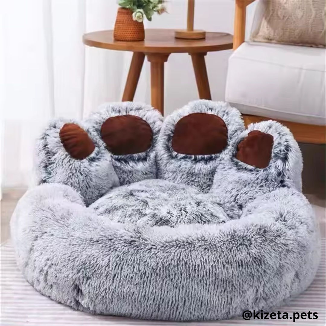 CAMA ANTIANSIEDAD 100% LAVABLE EN FORMA HUELLA DE OSO PARA PERROS O GATOS