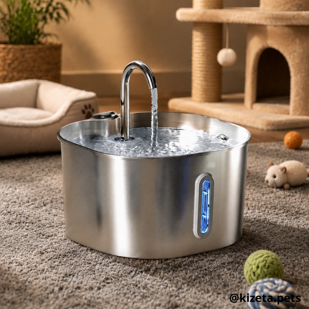 FUENTE DE AGUA DE ACERO INOXIDABLE CUADRANGULAR DE 2.2L PARA GATOS Y PERROS