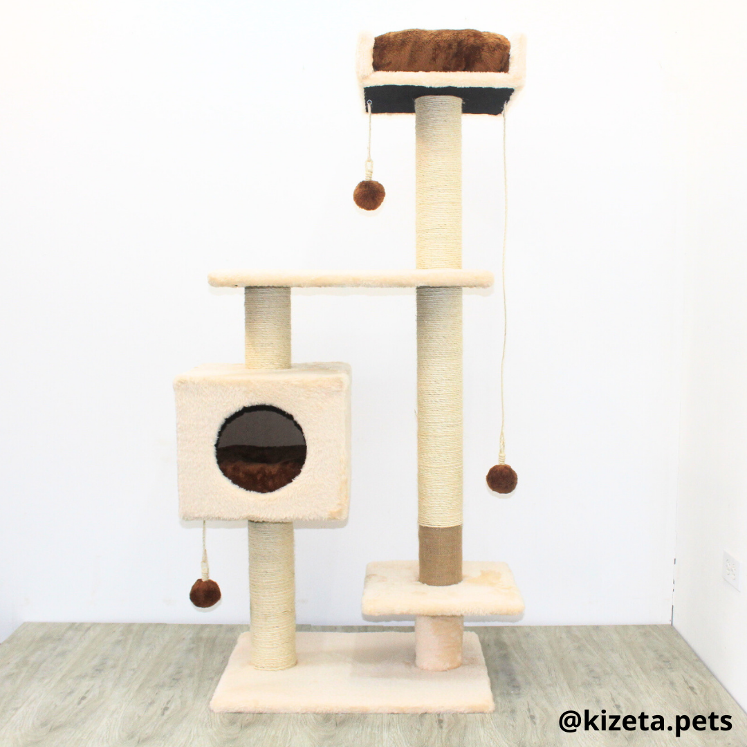 RASCADOR GYM PARA GATO MODELO CHICAGO 2DA GENERACIÓN 2 CAMAS + 5 TORRES COLOR BEIGE (60x45x145CM)