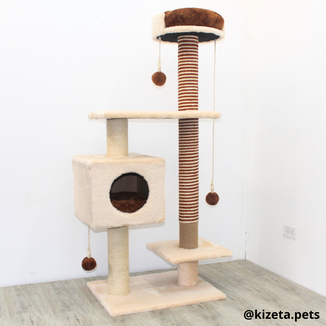 RASCADOR GYM PARA GATO MODELO CHICAGO 2DA GENERACIÓN 2 CAMAS + 5 TORRES COLOR BEIGE (60x45x145CM)