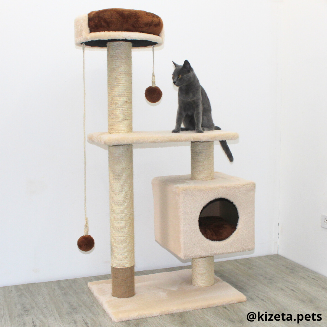 RASCADOR GYM PARA GATO MODELO EDIFICIO 2DA GENERACIÓN CON DOS CAMAS COLOR BEIGE (60x45x124CM)