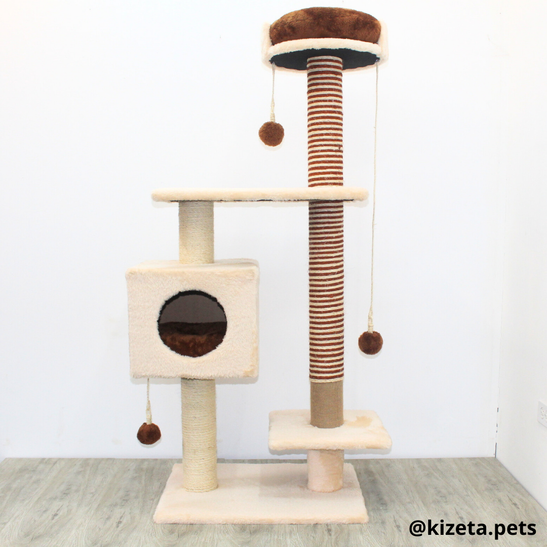 RASCADOR GYM PARA GATO MODELO CHICAGO 2DA GENERACIÓN 2 CAMAS + 5 TORRES COLOR BEIGE (60x45x145CM)