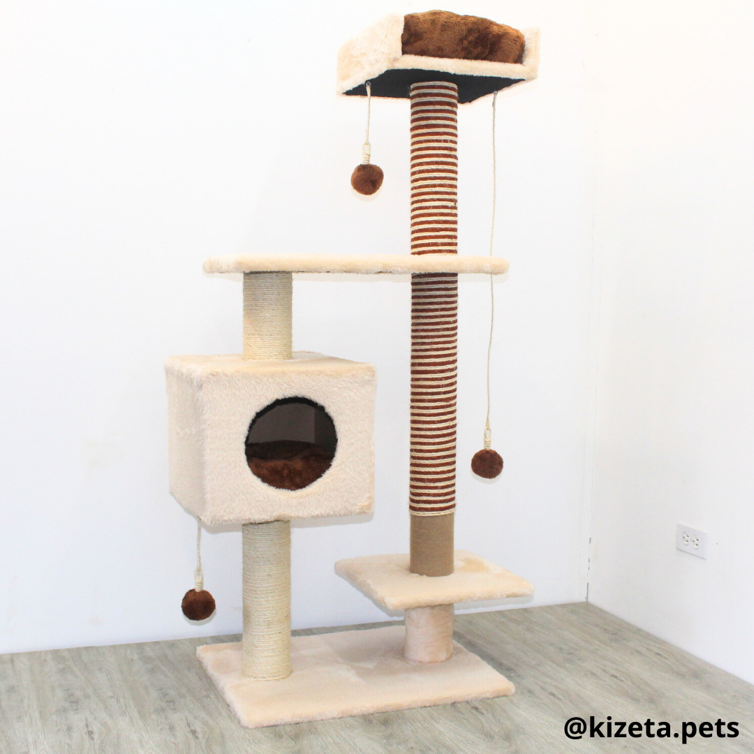 RASCADOR GYM PARA GATO MODELO CHICAGO 2DA GENERACIÓN 2 CAMAS + 5 TORRES COLOR BEIGE (60x45x145CM)