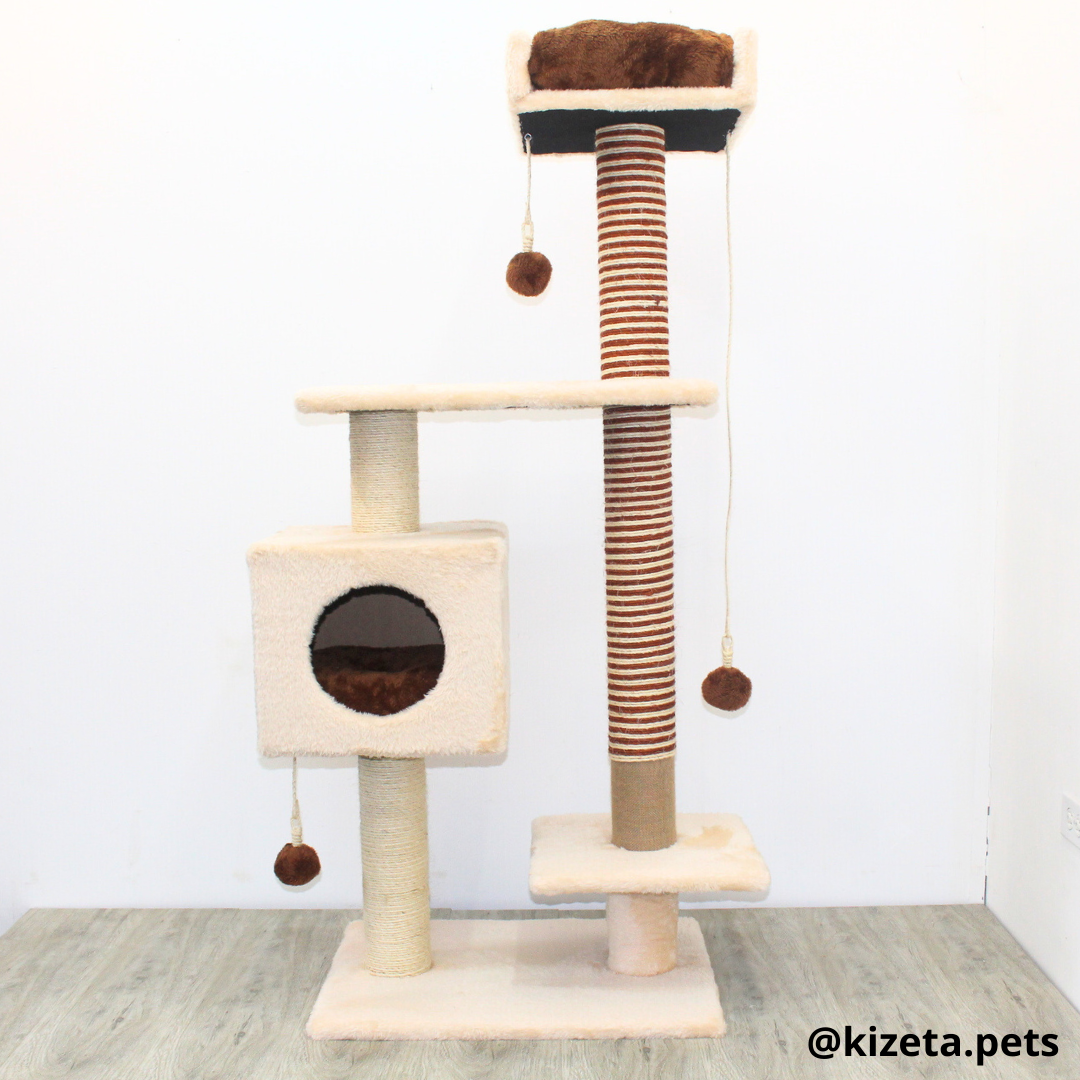 RASCADOR GYM PARA GATO MODELO CHICAGO 2DA GENERACIÓN 2 CAMAS + 5 TORRES COLOR BEIGE (60x45x145CM)