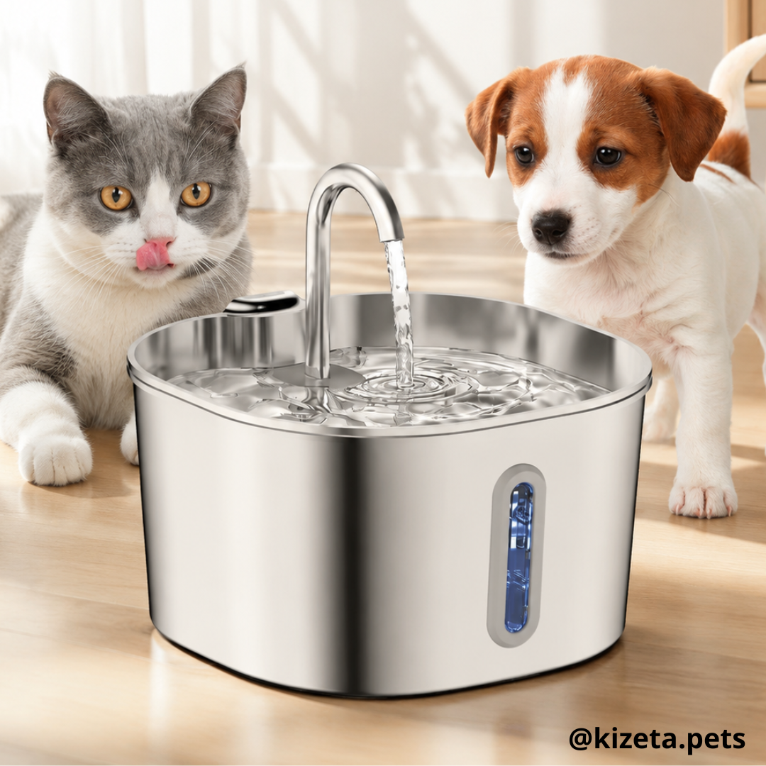 FUENTE DE AGUA DE ACERO INOXIDABLE CUADRANGULAR DE 2.2L PARA GATOS Y PERROS