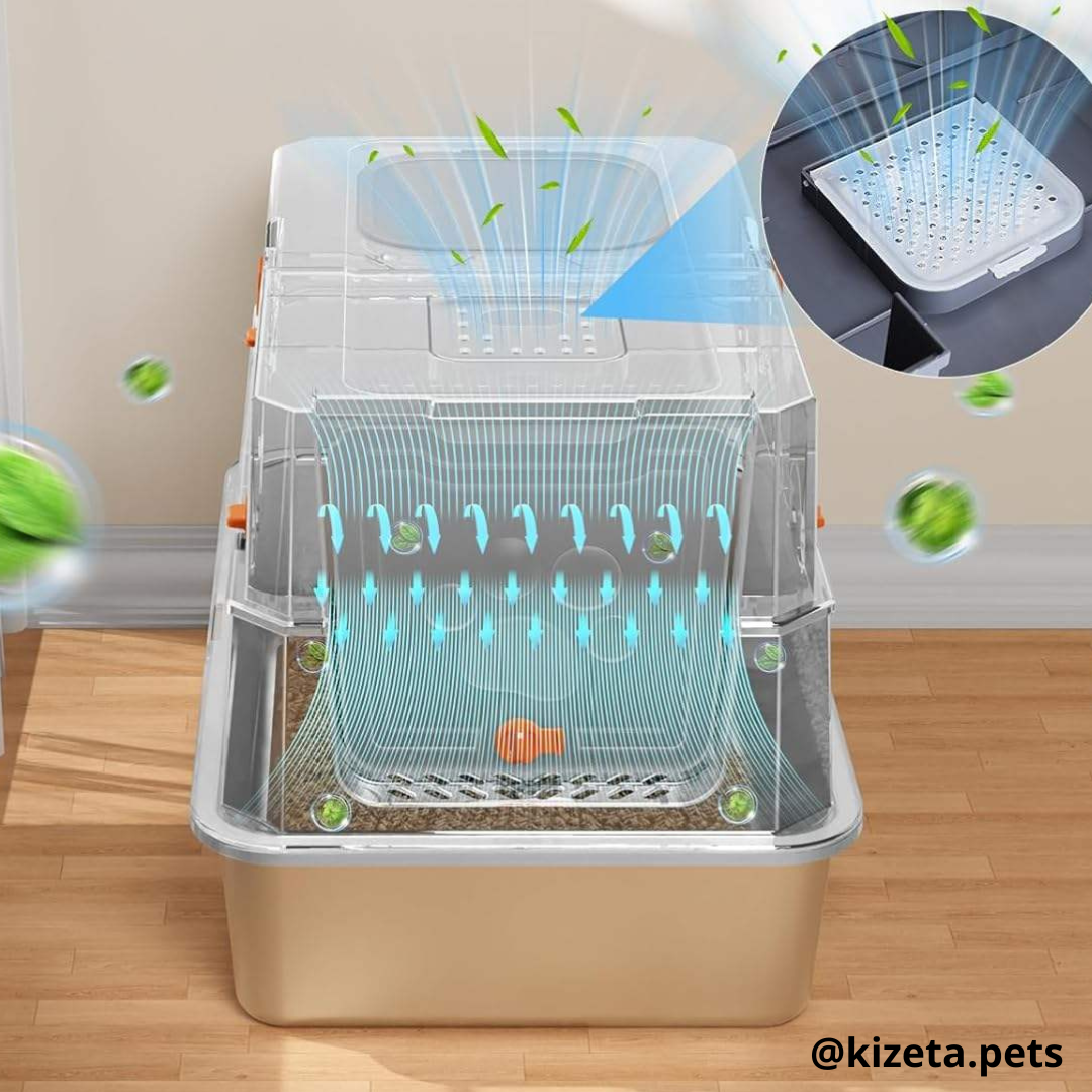 ARENERO DE ACERO INOXIDABLE XL EXTRA GRANDE 37L TOTALMENTE CERRADO PARA GATOS CON DOS ENTRADAS + ALFOMBRILLA + PALA (38X58X40CM)