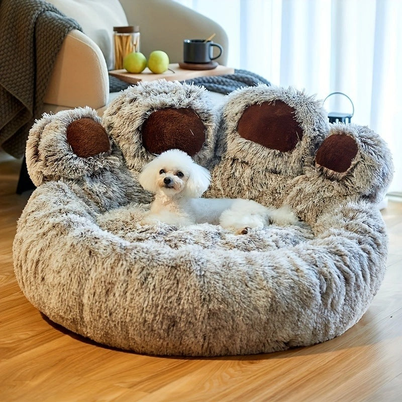 CAMA ANTIANSIEDAD 100% LAVABLE EN FORMA HUELLA DE OSO PARA PERROS O GATOS