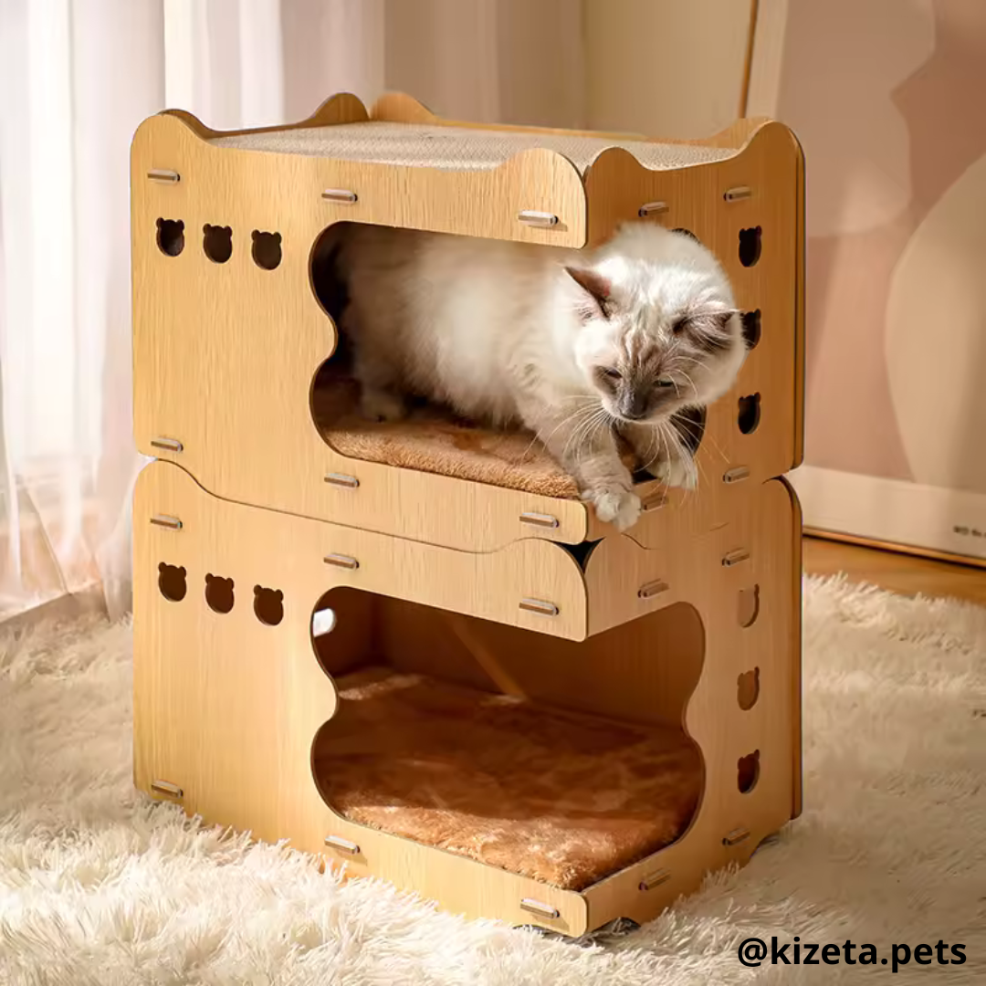 CUARTO/CASA RASCADOR ENTRADA ESQUINERA PARA GATO (2 TABLAS RASCADORAS + 1 COJÍN)