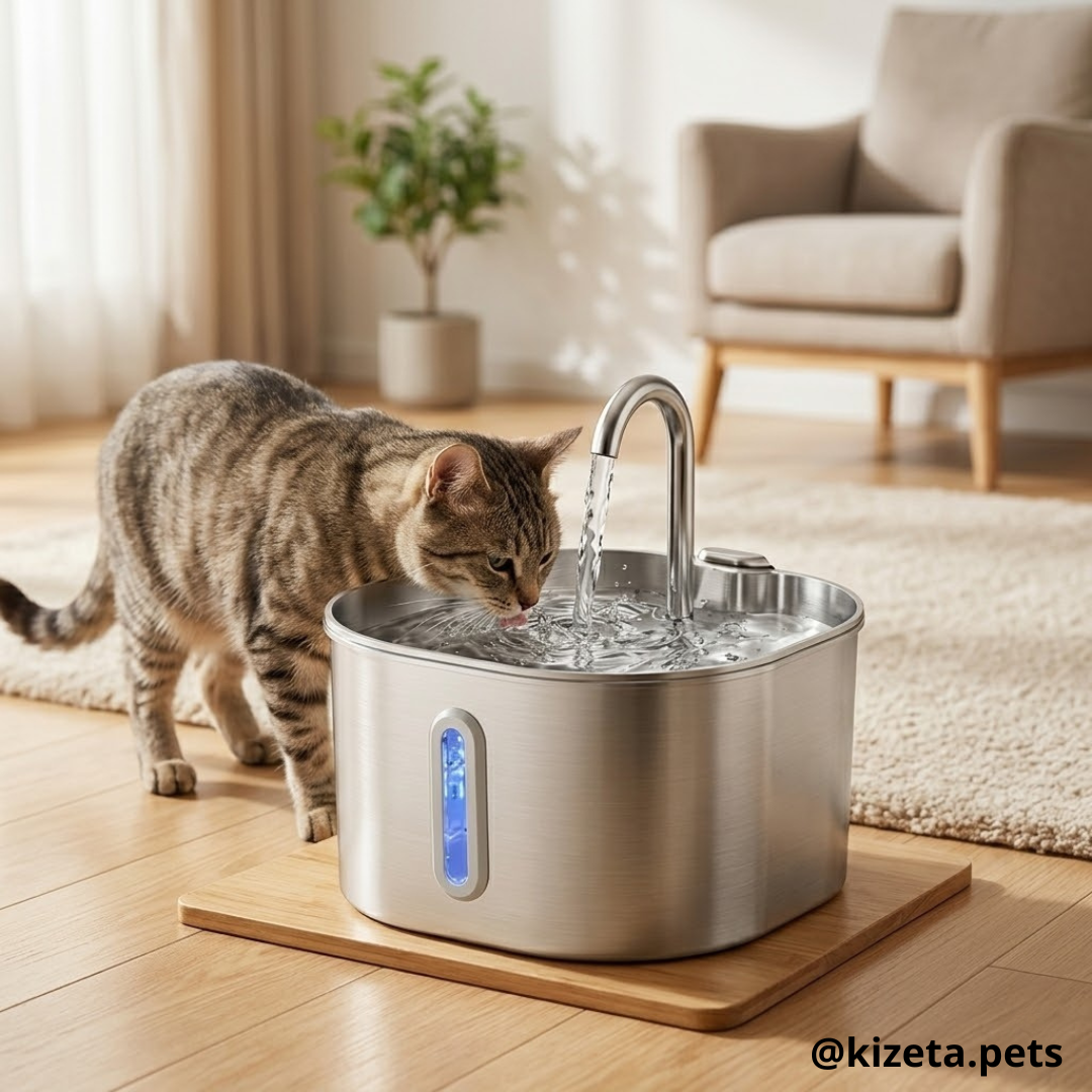 FUENTE DE AGUA DE ACERO INOXIDABLE CUADRANGULAR DE 2.2L PARA GATOS Y PERROS