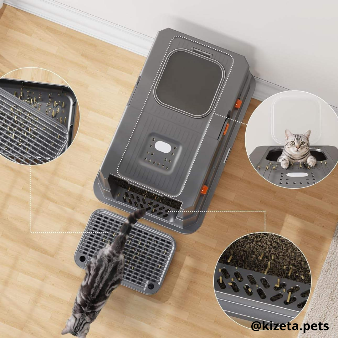 ARENERO DE ACERO INOXIDABLE XL EXTRA GRANDE 37L TOTALMENTE CERRADO PARA GATOS CON DOS ENTRADAS + ALFOMBRILLA + PALA (38X58X40CM)