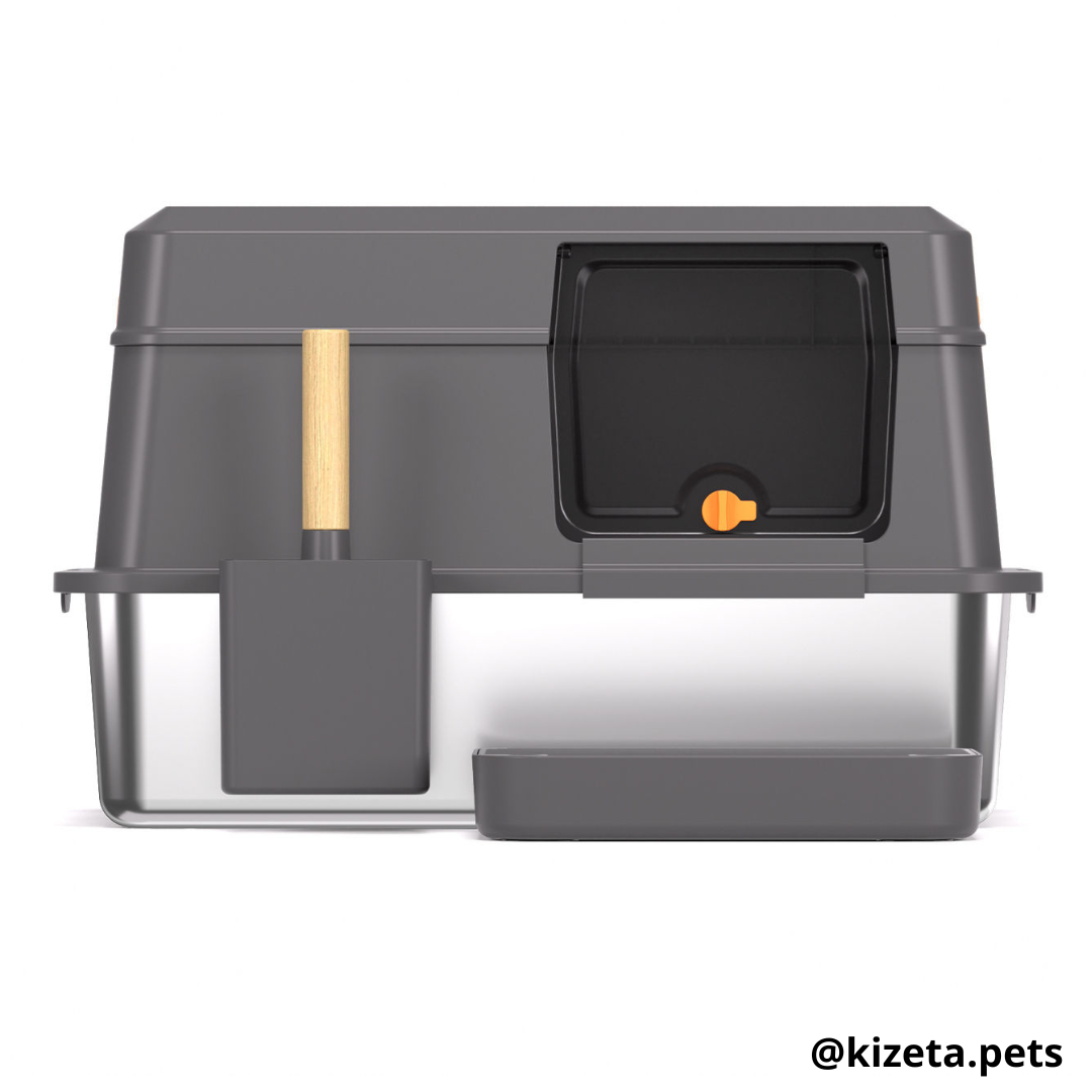 ARENERO DE ACERO INOXIDABLE XL EXTRAGRANDE HORIZONTAL TOTALMENTE CERRADO CON DOS ENTRADAS + ALFOMBRILLA + PALA (60X40X40CM)