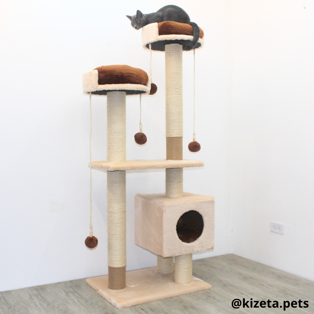 RASCADOR GYM PARA GATO MODELO MÓNACO EXTRAGRANDE 3 CAMAS + 6 TORRES COLOR BEIGE (60x45x156CM)