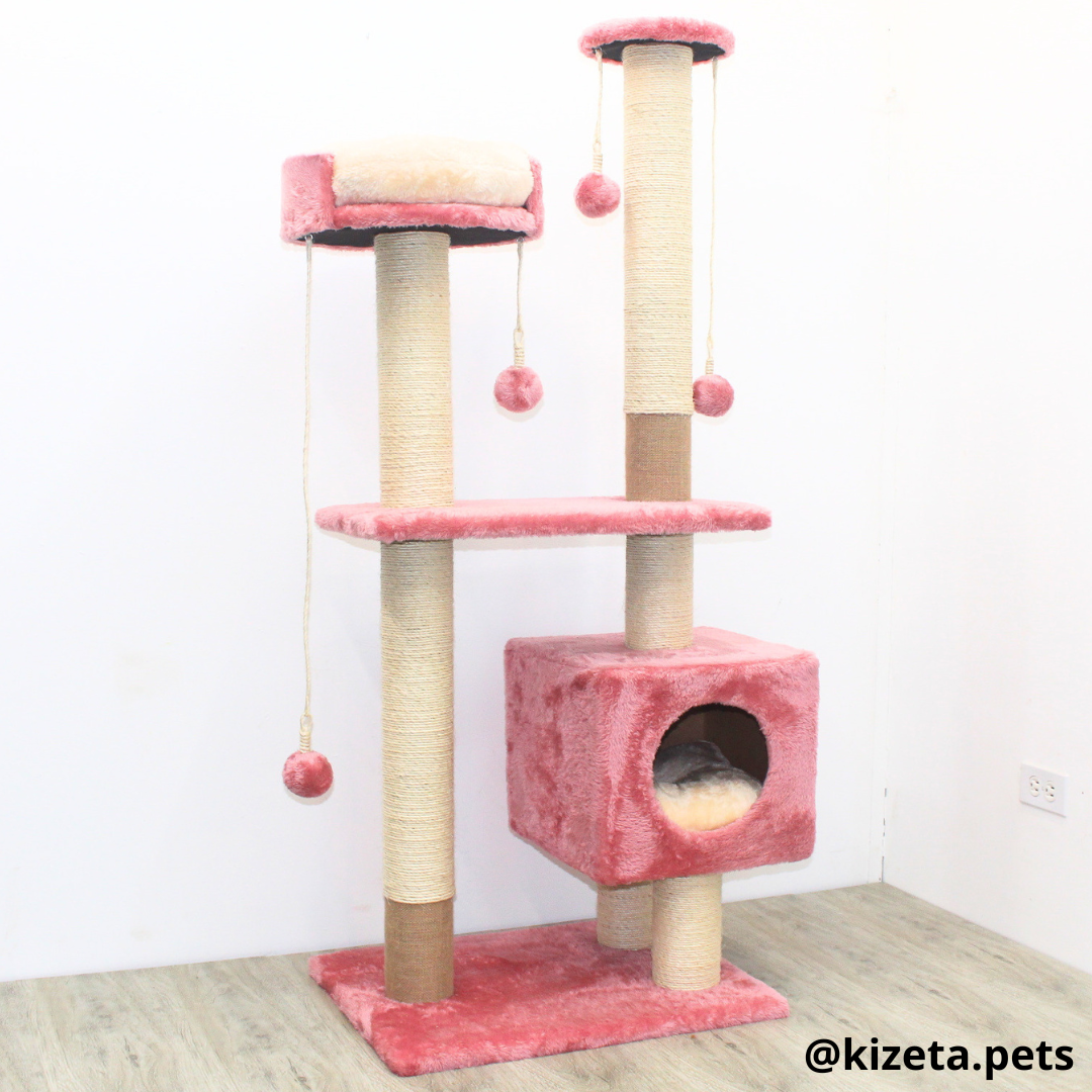 RASCADOR GYM PARA GATO MODELO VENECIA EXTRAGRANDE 2 CAMAS + 6 TORRES COLOR ROSADO (60x45x146CM)