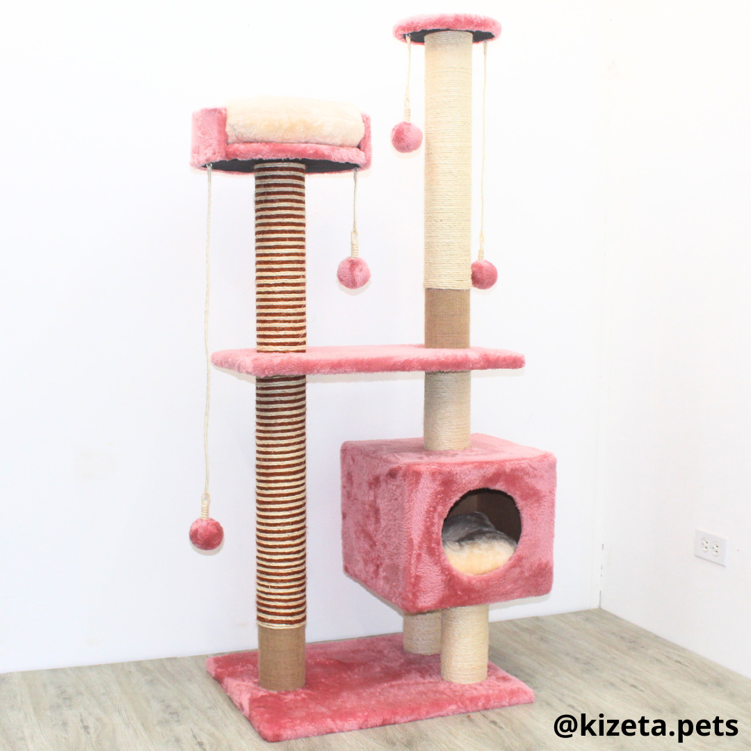 RASCADOR GYM PARA GATO MODELO VENECIA EXTRAGRANDE 2 CAMAS + 6 TORRES COLOR ROSADO (60x45x146CM)