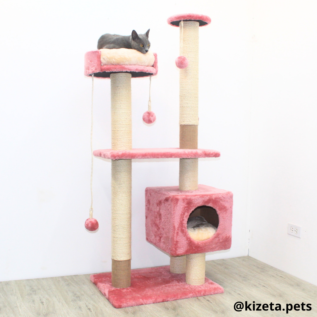 RASCADOR GYM PARA GATO MODELO VENECIA EXTRAGRANDE 2 CAMAS + 6 TORRES COLOR ROSADO (60x45x146CM)
