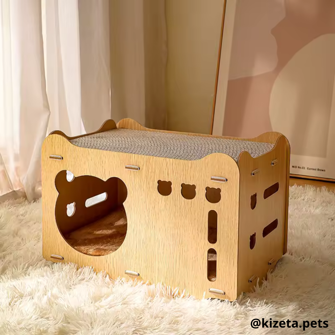 CUARTO/CASA RASCADOR ENTRADA TIPO OSO PARA GATO (2 TABLAS RASCADORAS + 1 COJÍN)