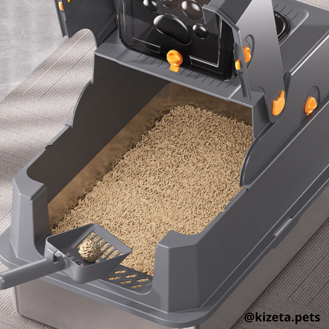 ARENERO DE ACERO INOXIDABLE XL EXTRA GRANDE 37L TOTALMENTE CERRADO PARA GATOS CON DOS ENTRADAS + ALFOMBRILLA + PALA (38X58X40CM)