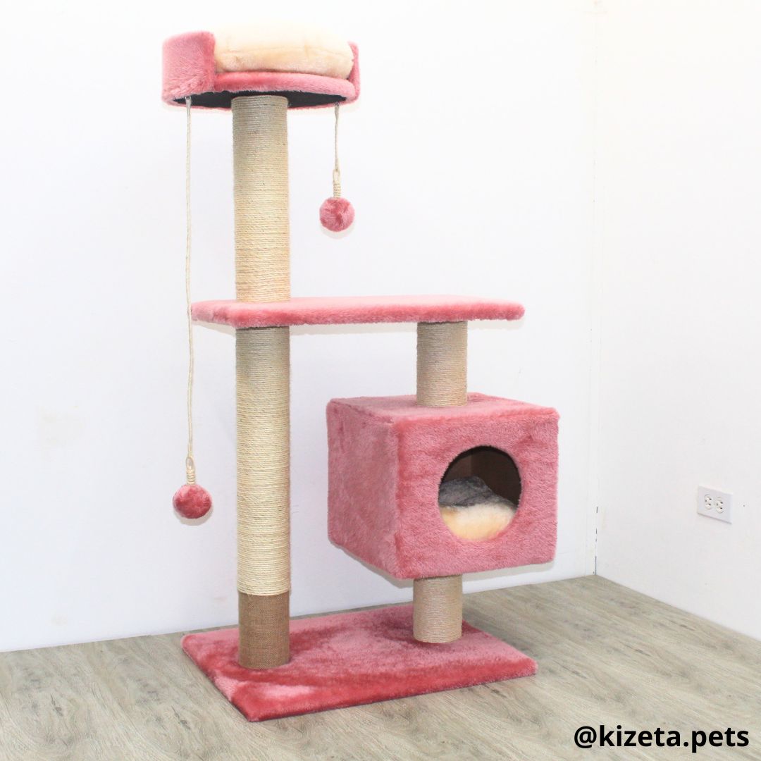 RASCADOR GYM PARA GATO MODELO EDIFICIO 2DA GENERACIÓN CON DOS CAMAS COLOR ROSADO (60x45x124CM)
