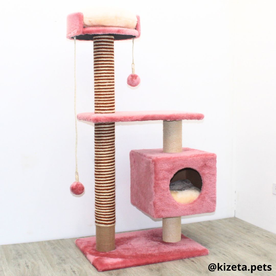 RASCADOR GYM PARA GATO MODELO EDIFICIO 2DA GENERACIÓN CON DOS CAMAS COLOR ROSADO (60x45x124CM)