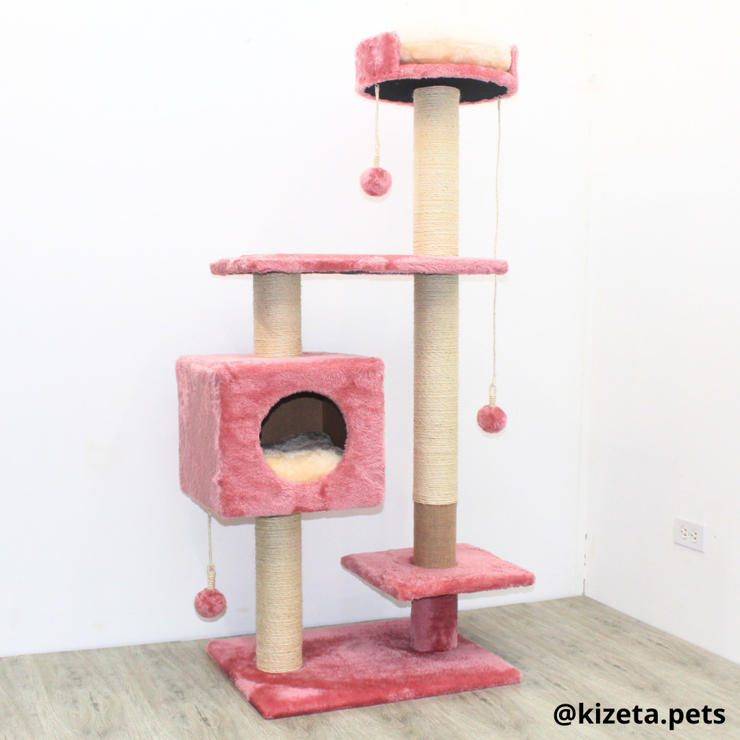 RASCADOR GYM PARA GATO MODELO CHICAGO 2DA GENERACIÓN 2 CAMAS + 5 TORRES COLOR ROSADO (60x45x145CM)