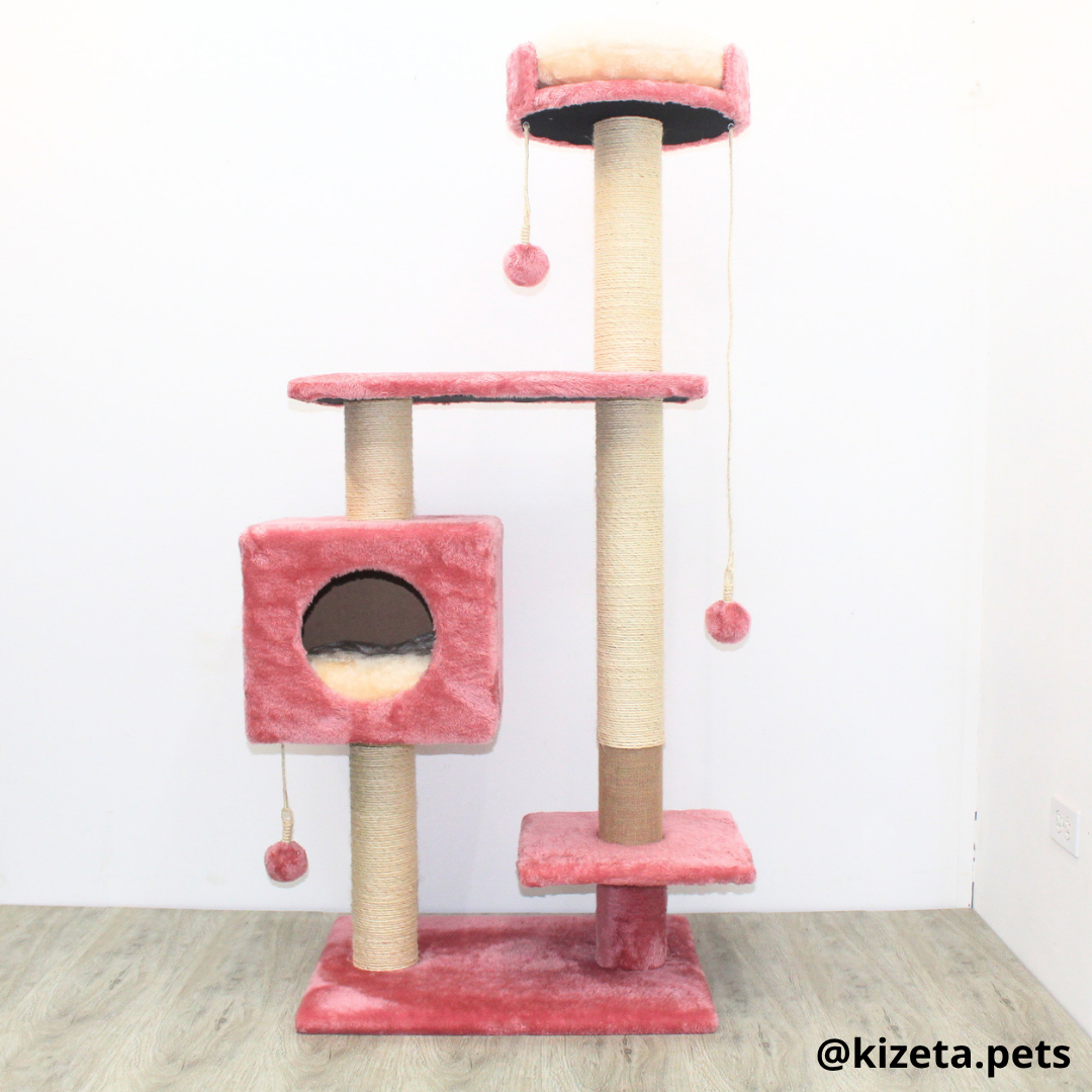 RASCADOR GYM PARA GATO MODELO CHICAGO 2DA GENERACIÓN 2 CAMAS + 5 TORRES COLOR ROSADO (60x45x145CM)
