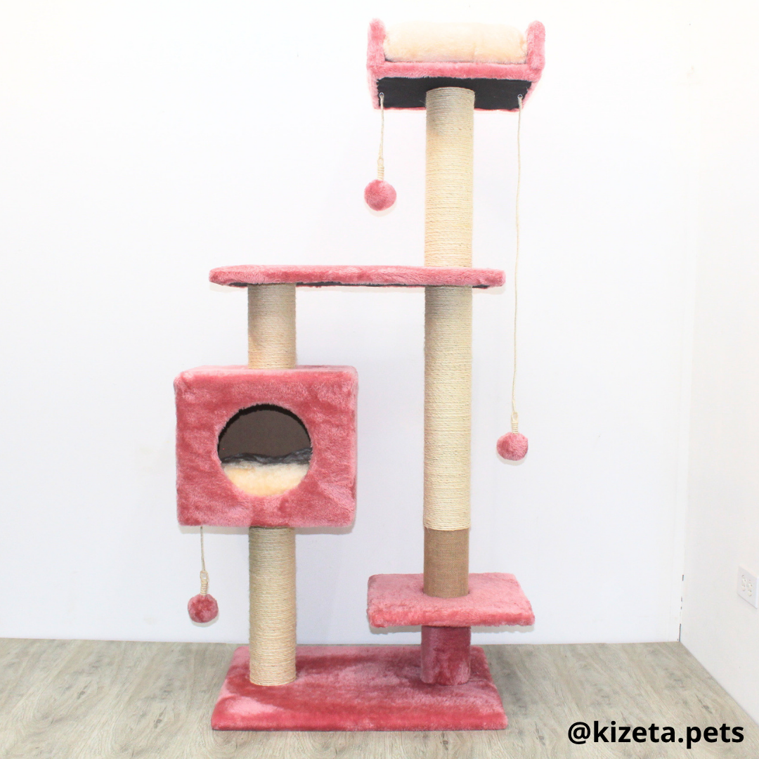 RASCADOR GYM PARA GATO MODELO CHICAGO 2DA GENERACIÓN 2 CAMAS + 5 TORRES COLOR ROSADO (60x45x145CM)