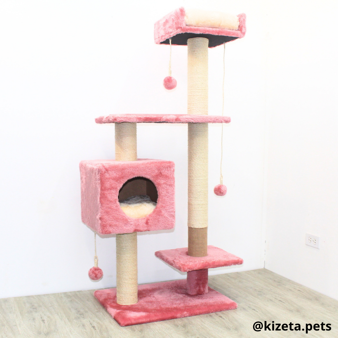 RASCADOR GYM PARA GATO MODELO CHICAGO 2DA GENERACIÓN 2 CAMAS + 5 TORRES COLOR ROSADO (60x45x145CM)