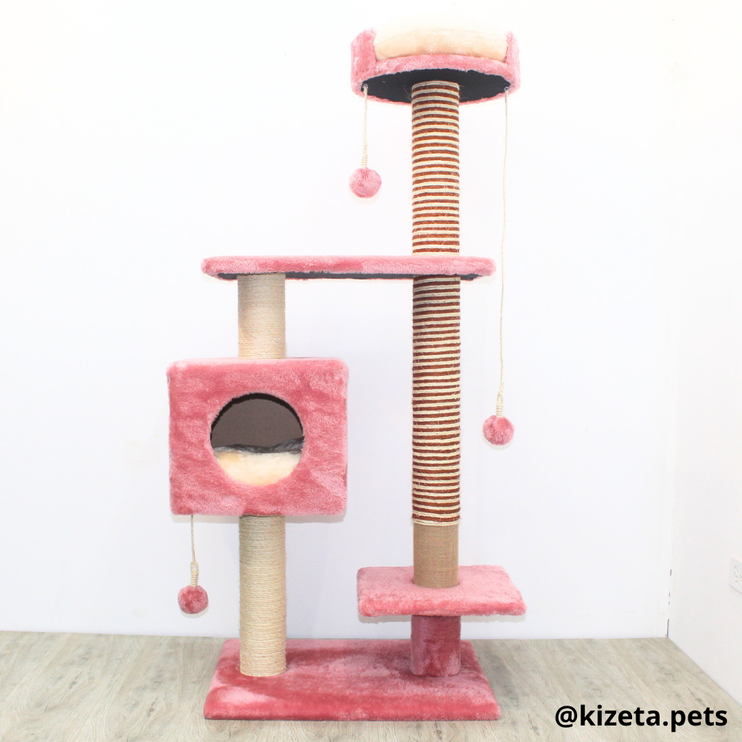 RASCADOR GYM PARA GATO MODELO CHICAGO 2DA GENERACIÓN 2 CAMAS + 5 TORRES COLOR ROSADO (60x45x145CM)