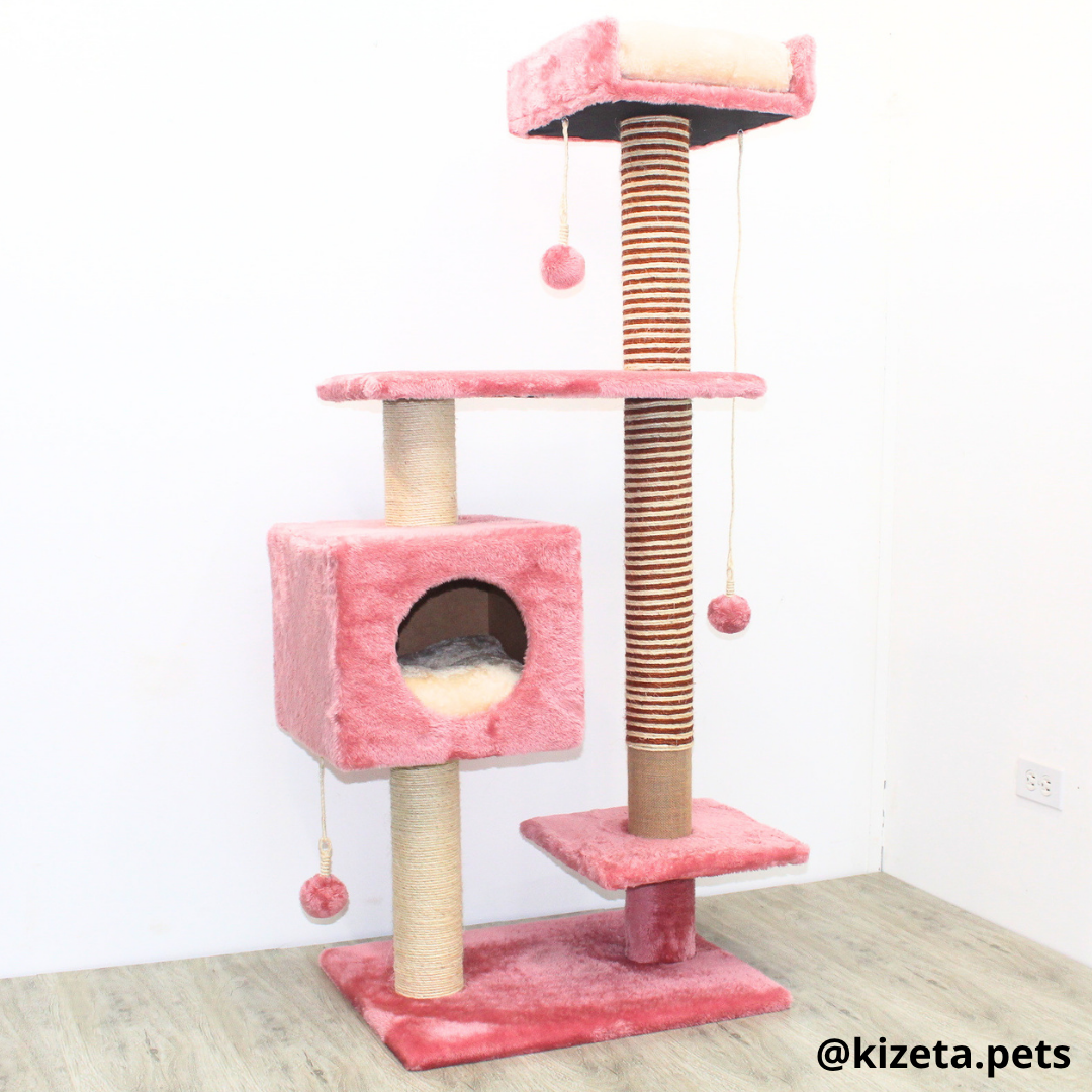 RASCADOR GYM PARA GATO MODELO CHICAGO 2DA GENERACIÓN 2 CAMAS + 5 TORRES COLOR ROSADO (60x45x145CM)