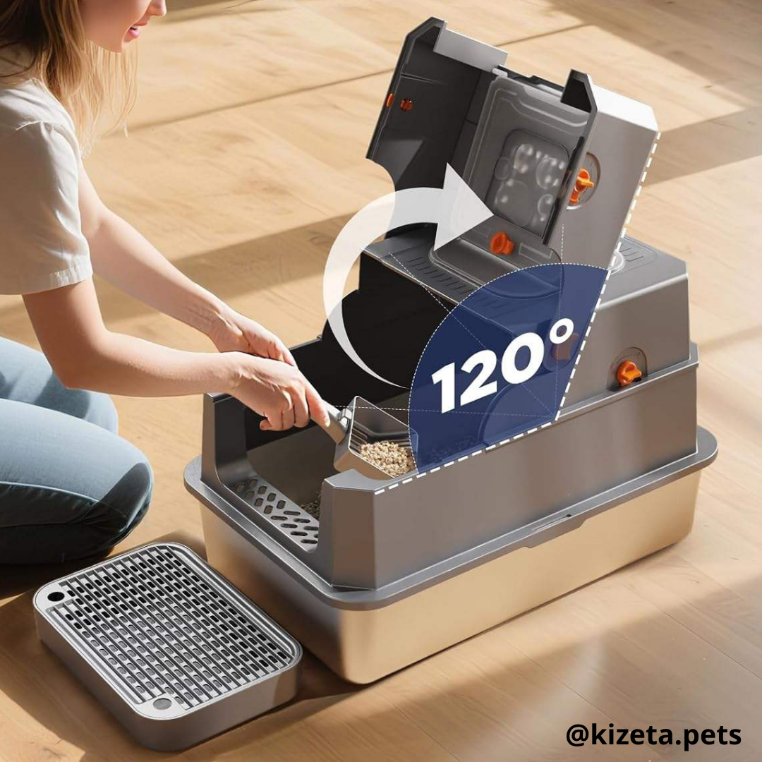 ARENERO DE ACERO INOXIDABLE XL EXTRA GRANDE 37L TOTALMENTE CERRADO PARA GATOS CON DOS ENTRADAS + ALFOMBRILLA + PALA (38X58X40CM)