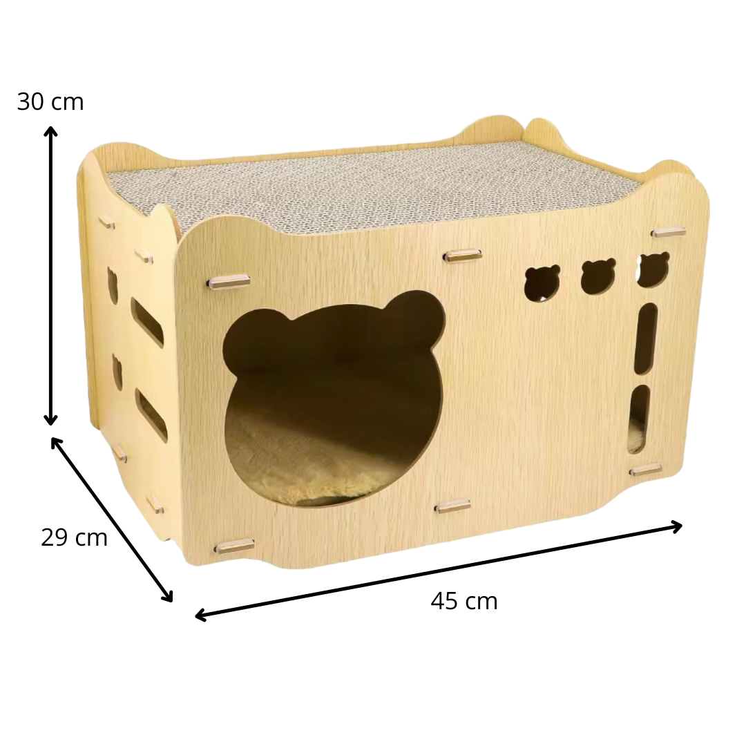 CUARTO/CASA RASCADOR ENTRADA TIPO OSO PARA GATO (2 TABLAS RASCADORAS + 1 COJÍN)